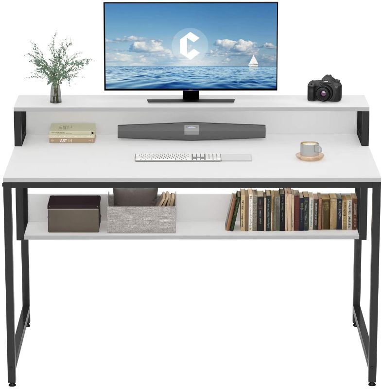 Photo 1 of Cubiker Computer Home Office Desk, 47" Small Desk Table with Storage Shelf and Bookshelf, Study Writing Table Modern Simple Style Space Saving Design, White

