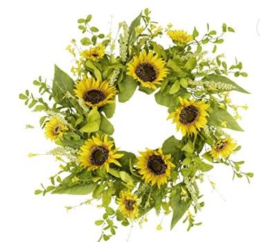 Photo 1 of 20 Inch Artificial Sunflower Wreath Spring Summer Wreath for Front Door Flower Wreath with Green Leaves for Home Wedding Window Wall Decorations