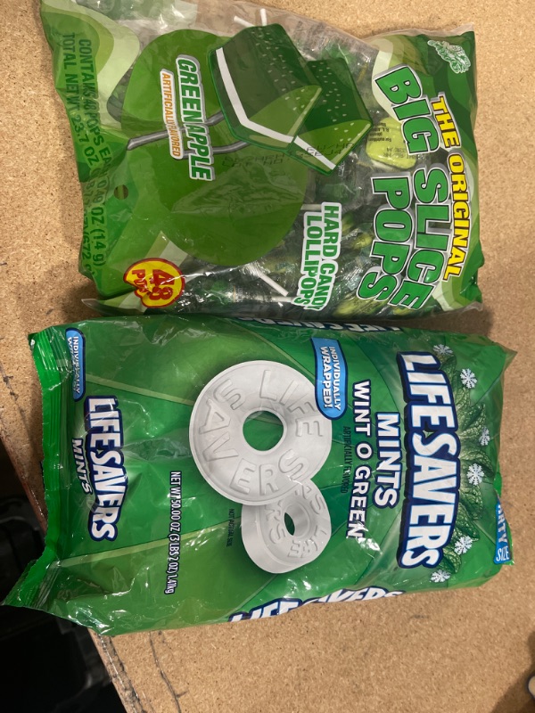 Photo 1 of NONREFUNDABLE (BB 1/22) LifeSavers Mints, Hard Wint-O-Green, 50oz Bag AND 1 PACK BIG SLICE POPS GREEN APPLE 48COUNT 
