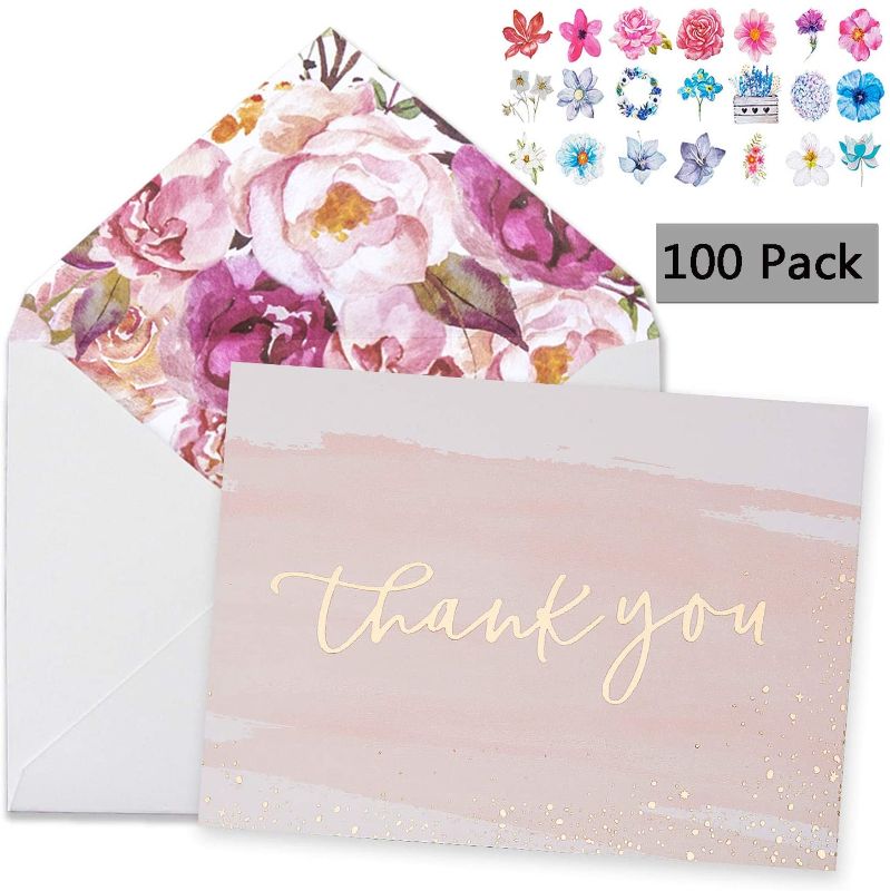 Photo 1 of 100 Thank You Cards With Envelopes 4x6 Gold Foil Bridal Thank You Cards for Kids or Baby Shower Thank You Note Watercolor Foliage Thank You Cards For Wedding Birthday Party Graduation Boy or Girl
