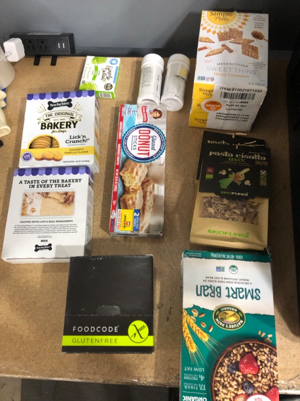 Photo 1 of **NO REFUNDS/RETURNS** Bundle of Assorted AMAZON Food, Dog Treats Cereal, Soup Mix, Donits, JELLO, Donut Sticks: expr from June 21-Nov23 
