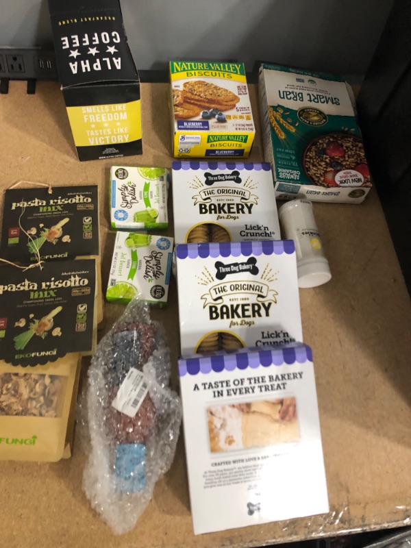 Photo 1 of **NO REFUNDS/RETURNS** Bundle of Assorted AMAZON Food, Coffee, Dog Treats Cereal, Soup Mix, Donits, JELLO, Donut Sticks: expr from June 21-Nov23 
