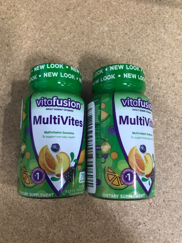 Photo 2 of ** EXP: 06/2022 **    ** NON-REFUNDABLE ***    ** SOLD AS IS ***  ** SET OF 2 **
Vitafusion MultiVites Gummy Vitamins for Adults Berry, Peach & Orange Flavors - 70 ct, Pack of 2
