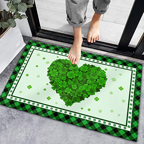 Photo 1 of Green Shamrock Leaves Love Heart Welcome Doormat Irish Saint Patrick's Day Home Decor Door Mats Water Absorbent Bath Rug Indoor Kitchen Rugs Non Slip Bathroom Carpets 18x 30 inches 