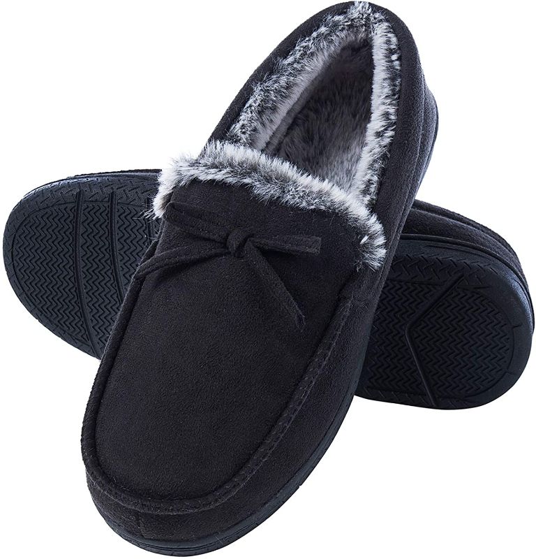 Photo 1 of DL Men-Moccasin-Slippers-Indoor-Outdoor, Suede Mens House Slippers with Memory Foam, Faux Fur Lining Bedroom Slippers for Men Non Slip Outsole
