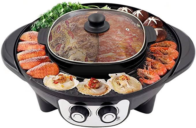 Photo 1 of 2200W 2 in 1 Multifunctional Electric Hot Pot and Grill Combo,Smokeless Split Shabu Shabu BBQ Pot,Dual Temp Easy Clean 110V
