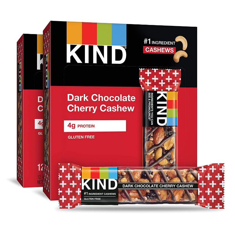 Photo 1 of **EXPIRES AUGUST 2022** KIND Nut Bars, Dark Chocolate Cherry Cashew, 1.4 Ounce, 24 Count, Gluten Free, Low Glycemic Index, 4g Protein
