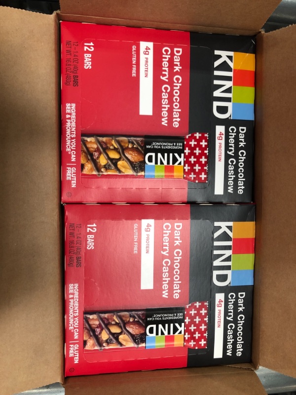 Photo 2 of **EXPIRES AUGUST 2022** KIND Nut Bars, Dark Chocolate Cherry Cashew, 1.4 Ounce, 24 Count, Gluten Free, Low Glycemic Index, 4g Protein
