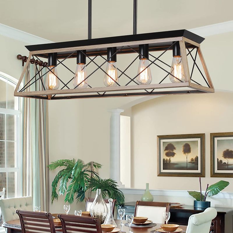 Photo 1 of (similar to stock photo) Farmhouse Chandeliers for Dining Room, Rustic Kitchen Island Light Fixture, 5-Light Linear Pendant Lighting Rectangular Chandelier, Metal Solid Ceiling Lights
