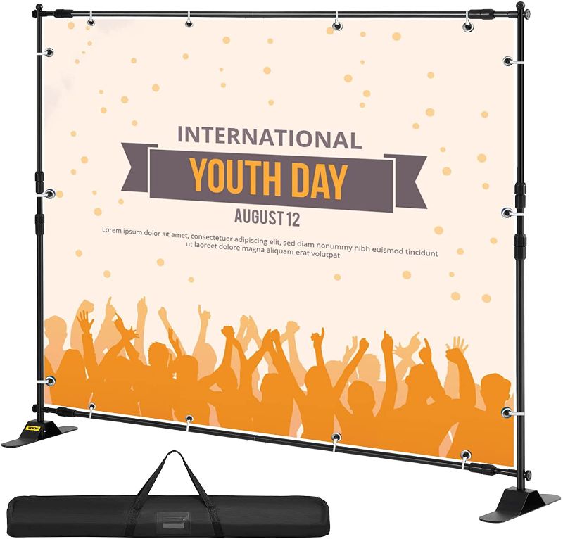 Photo 1 of VEVOR Backdrop Banner Stand 8'X 8' - 10' x 8' Step And Repeat Banner Stand For Trade Show Wall Exhibitor Photo Step And Repeat Stand Free Carrying Case
