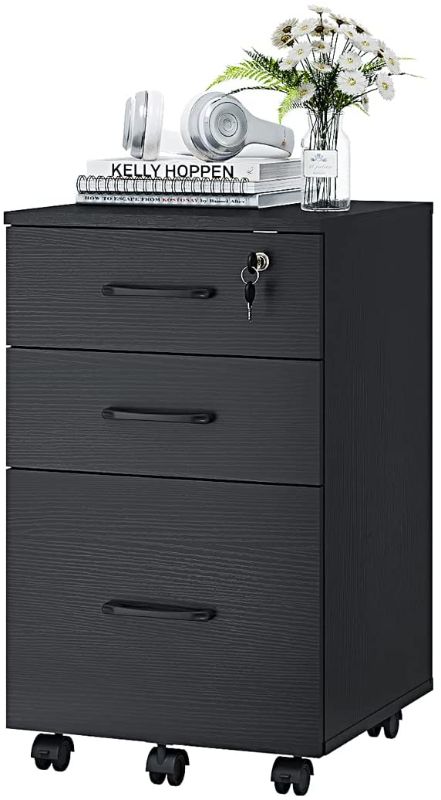 Photo 1 of 3 Drawer Wood Mobile File Cabinet, Under Desk Storage Drawers Small File Cabinet for Home Office (Black)
