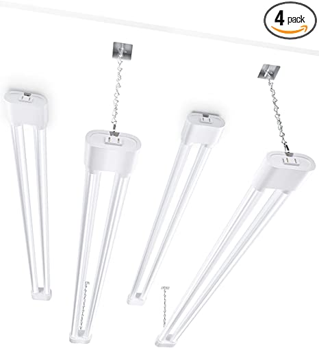 Photo 1 of ALL 4 UNITS POWERED ON 
Ensenior 4 Pack Linkable LED Utility Shop Light, 4 FT, 4400 High Lumens, 36W Equivalent 280W, 5000K Daylight, 48 Inch Shop Light for Garage, Surface or Hanging Mount, White, ETL Certified
