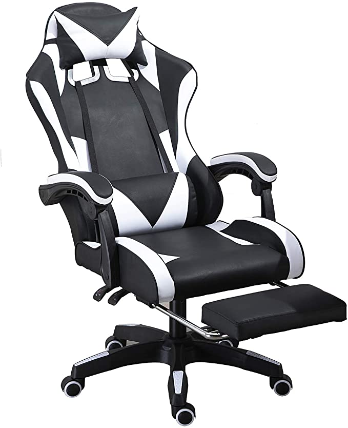 Photo 1 of Gaming Chair with Footrest Ergonomic Video Game Chair with Headrest & Lumbar Support Adjustable Reclining Computer Chair for Adults Teens Desk Chair (White)
