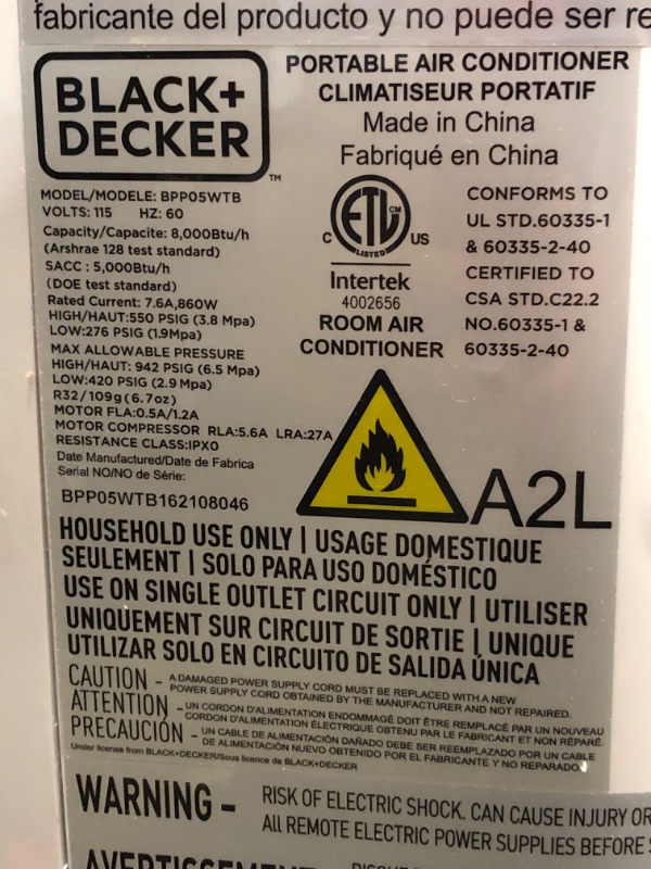 Photo 2 of (DOES NOT FUNCTION)BLACK+DECKER BPP05WTB Portable Air Conditioner with Remote Control 5 000 BTU SACC/CEC (8 000 BTU ASHRAE) Cools up to 150 Square Feet White
