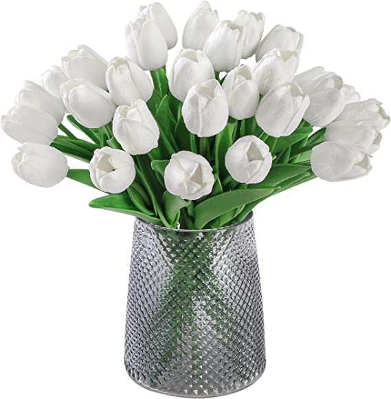 Photo 1 of 2  BINDUO 20 Pcs Artificial White Tulips Flowers Fake Tulips Faux Flowers Bouquet Real Touch Tulips Spring Summer Flowers for Mothers Day Gift Hotel Home Bedroom Kitchen Balcony Table Decor
