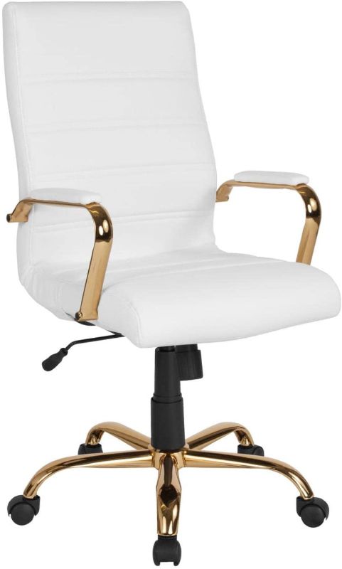 Photo 1 of Flash Furniture High Back Desk Chair - White LeatherSoft Executive Swivel Office Chair with Gold Frame - Swivel Arm Chair
