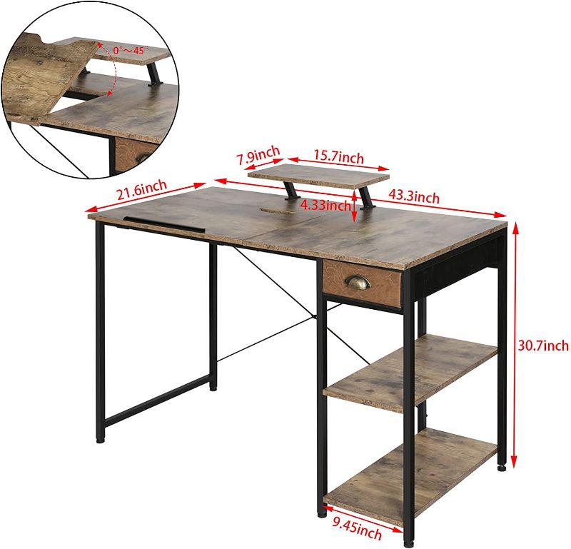 Photo 1 of X-cosrack Computer Desk with Storage Shelves Drawer, 43” Home Office Desk with Monitor Stand, Adjustable and Tiltable Draft Drawing Table Writing Study Workstation for Home Office Artist, Rustic Brown
