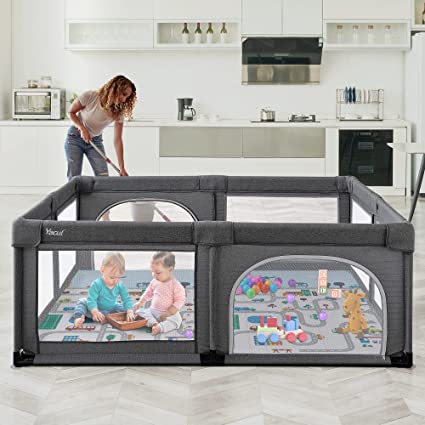 Photo 1 of Extra Large Baby Playpen with Play Mat, Yacul 79x71 inches Giant Toddler Play Yard for 2-5 Babies, Large Activity Center Play Area 38.75 sq.Ft for Indoor Outdoor (Dark Gray)
