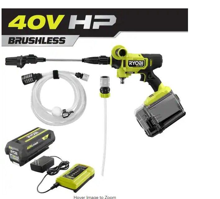 Photo 1 of 
RYOBI
40-Volt HP Brushless EZClean 600 PSI 0.7 GPM Cold Water Power Cleaner with 2.0 Ah Battery and Charger