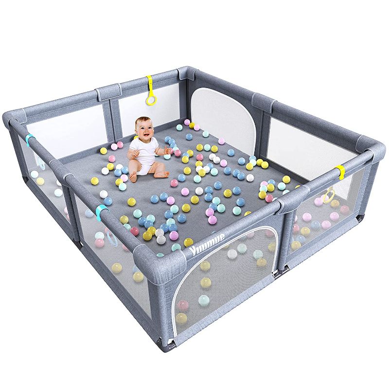 Photo 1 of Baby Playpen, Extra Large Play Yard, Indoor & Outdoor Kids Safety Activity Center with Gate & Anti-Slip Rubber Bases, Big Safety Sturdiness Babys Fences for Babies, Infant, Toddler, Childs BLUE/GREY