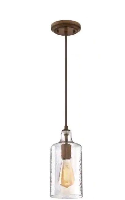 Photo 1 of 
Westinghouse
Carmen 1-Light Barnwood Mini Pendant with Clear Textured Glass Shade 
(BULB NOT INCLUDED)