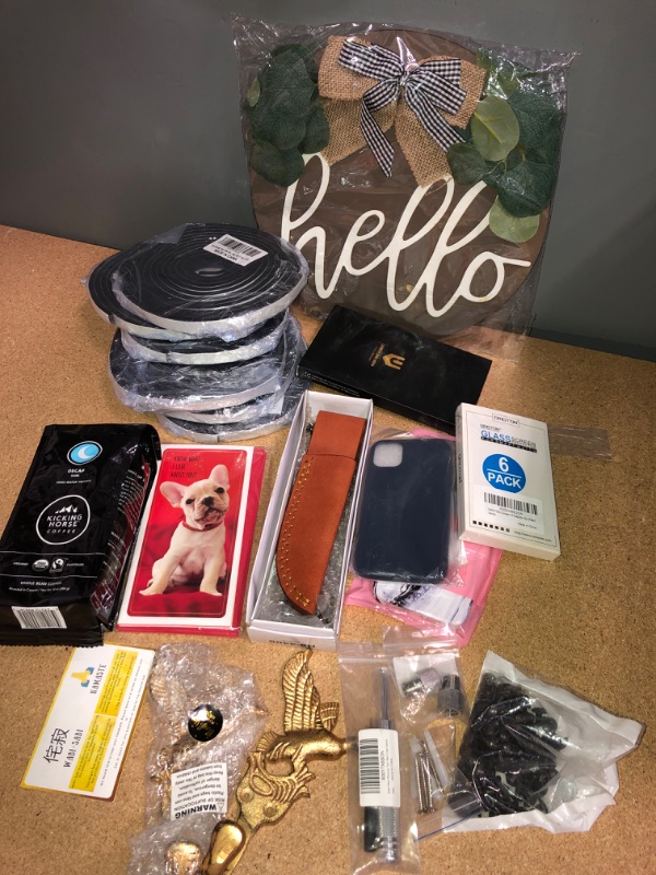 Photo 1 of **BUNDLE OF HOME GOODS- HELLO FRONT DOOR SIGN/WALL HOOKS/PHIL TRUSS ZINC SKREWS/BOLTS/KNIFE SET/ VALENTINE CARDS/FOAM TAPE 6SET/PHONE CASES/SCREEN PROTECTER/DECAF COFFE BEST BY5/12/22-