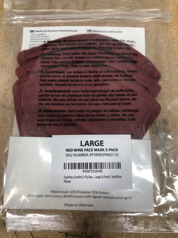 Photo 1 of EnerPlex Comfort 3-Ply Reusable Red Face Mask - Breathable Comfort, Fully Machine Washable, Red Face Masks Large (3-Pack) - Red Wine