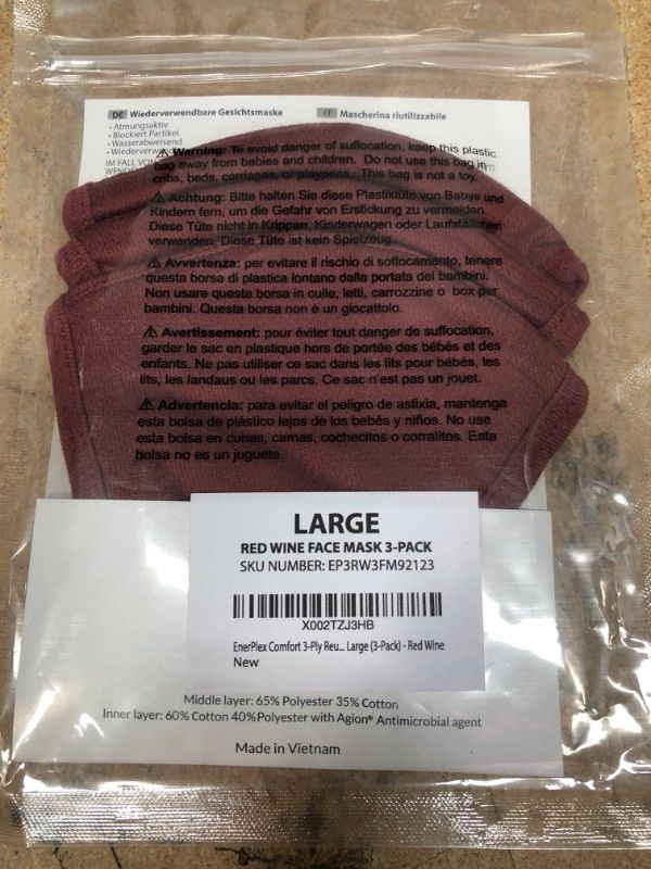 Photo 1 of EnerPlex Comfort 3-Ply Reusable Red Face Mask - Breathable Comfort, Fully Machine Washable, Red Face Masks Large (3-Pack) - Red Wine