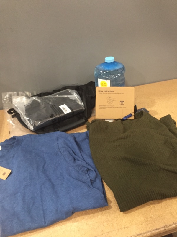Photo 1 of **BUNDLE OF MIXED ITEMS- BUBBLES/FILTER/PATIO UMBRELLA BASE/MENS XL SHIRT/WOMENS DRESS SIZE SMALL**