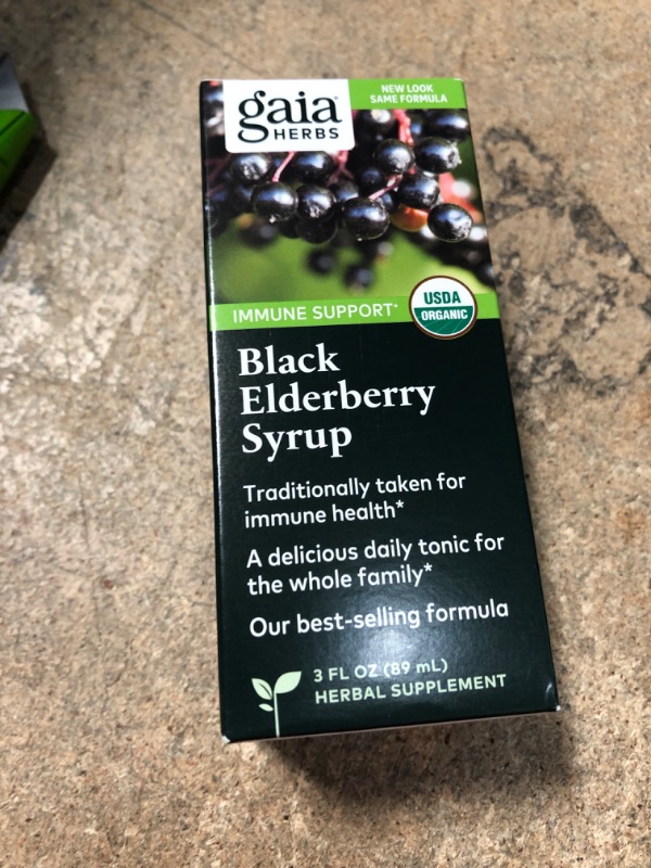 Photo 2 of **EXPIRES AUG2022** Gaia Herbs, Black Elderberry Syrup, Daily Immune Support with Antioxidants, Organic Sambucus Elderberry Supplement, 3 Ounce
