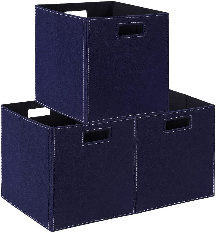 Photo 1 of childishness ndup Foldable Cube Storage, 3 Packs, Collapsible Storage Bins with Dual Handles, Felt Storage Baskets for Bedroom, Playroom, Shelves, Nursery Closet Organizers 12 x 12 Inch, Dark Blue
