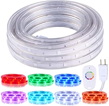Photo 1 of Areful 16.4ft Plugin LED Rope Lights, Flat Flexible Strip Lights, Color Changing with RF Remote Control, Waterproof and Connectable for Indoor Outdoor Decoration, 7 Colors and Multiple Modes
