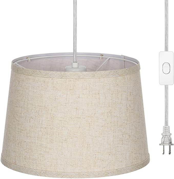 Photo 1 of EDISHINE Plug in Pendant Light, Hanging Light with 15Ft Clear Cord, On/Off Switch, Beige Linen Shade, Hanging Light Fixture for Bedroom, Kitchen, Living Room, Dining Table