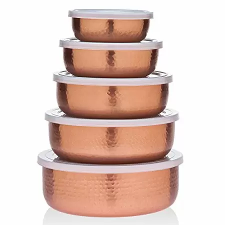 Photo 1 of  5 Piece Hammered Copper Plated Stackable Storage Bowl Set with Lids