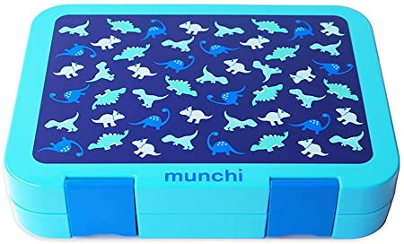 Photo 1 of munchi Bento Box For Kids, Lunch Box For Kids and Toddler - Blue Dinosaur Lunch Box For Boys, Premium Quality 4 Compartments Lunchbox, Portion Control Food-Safe Containers for School