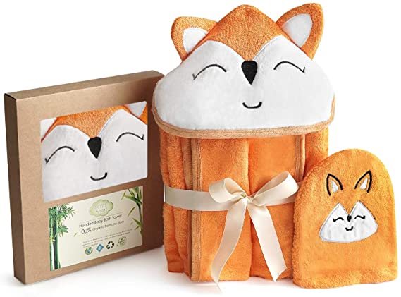 Photo 1 of Fox Style Bamboo Baby Hooded Bath Towel & Washing Glove Set - Size 40x28”, Soft and Comfortable, Ultra Absorbent, 100% Natural for Baby (Orange)