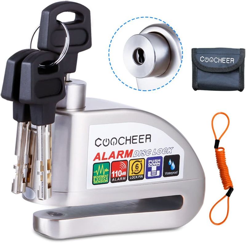 Photo 1 of [Upgraded] COOCHEER Alarm Disc Lock, Scooter Motorcycle Bike Security Anti-theft & Waterproof Brake Wheel Lock Super Class C Level Lock Cylinder 110db Alarm With bag
