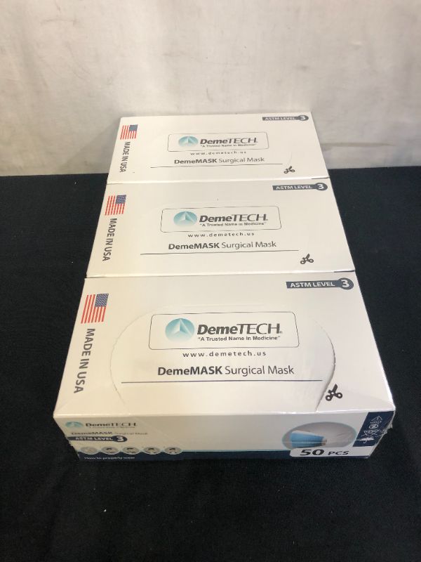 Photo 2 of DemeTECH ASTM Level 3 Highly Protective 3 Layer Face Mask with Ear Loops - Made in the USA (3 pack, 150 masks total)