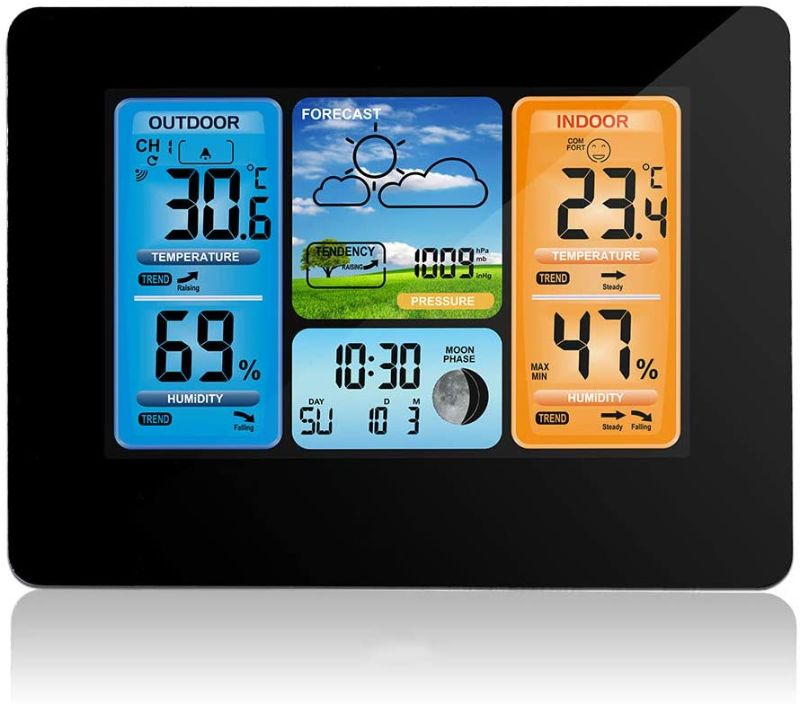 Photo 1 of HaiSea Home Wireless Weather Forecast Station, Digital Indoor Outdoor Thermometer, Remote Sensor, Color Display, Barometer Temperature Alerts, Humidity Monitor, Alarm Clock and Moon Phase
