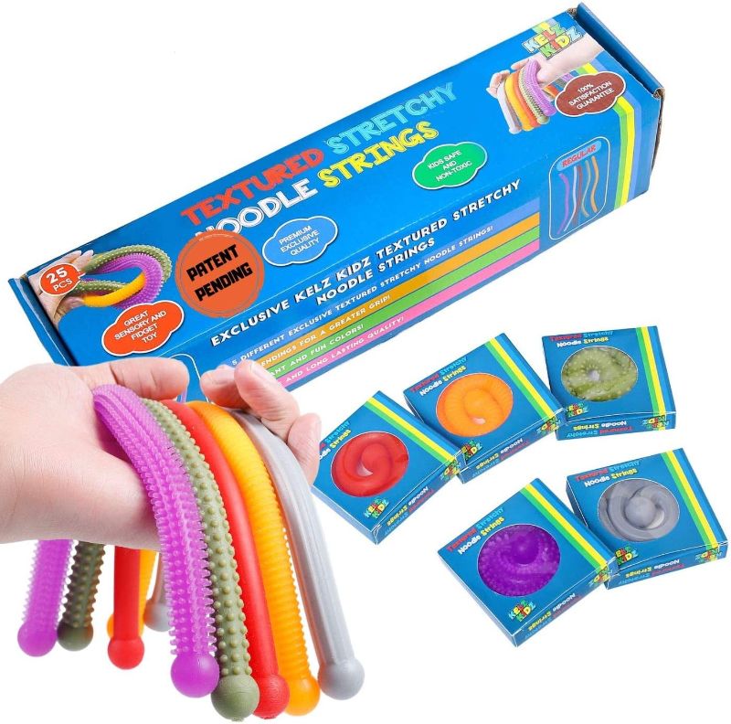 Photo 1 of KELZ KIDZ Texturodos - Durable Textured (Patent Pending) Stretchy String Fidget and Sensory Toy - Individually Packaged Monkey Noodles - Fun Therapeutic Stress and Anxiety Reliever for Kids (25 Pack)
