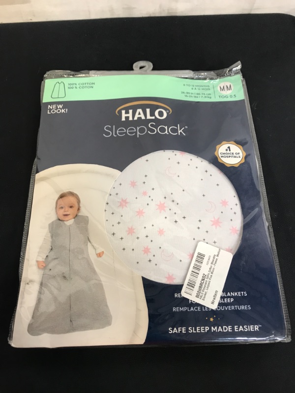 Photo 2 of HALO Sleepsack 100% Cotton Wearable Blanket, TOG 0.5, Midnight Moons Pink, Medium
 SIE 6-12 MOS 