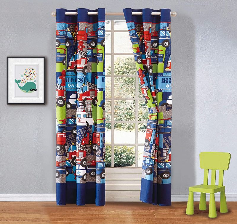 Photo 1 of 2 Panel Curtain Set for Kids Heroes Fire Fighter Fire Trucks Police Car Ambulance Paramedic Navy Blue Red White Light Blue Grey Green New
