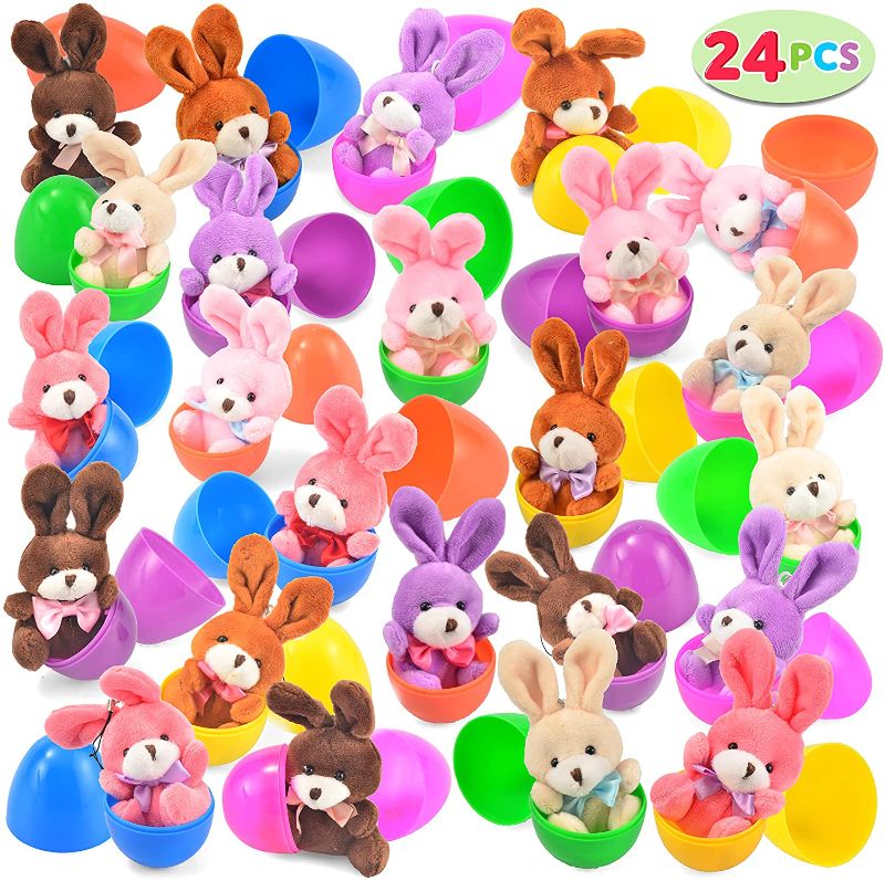 Photo 1 of 24 Pcs Filled Easter Eggs with Plush Bunny, 3.2” Bright Colorful Easter Eggs Prefilled with Variety 4.5” Plush Bunnies
