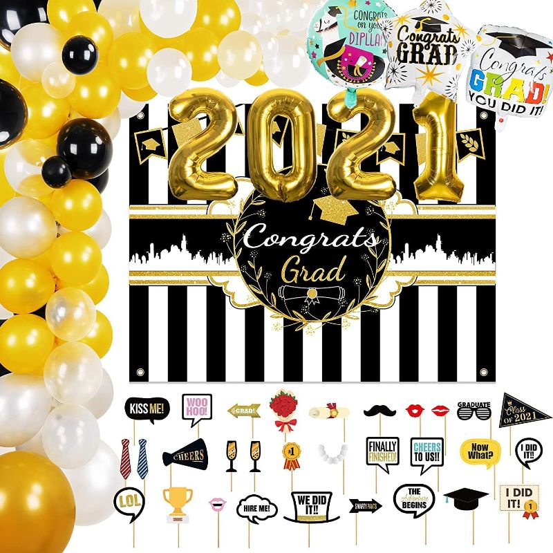 Photo 2 of 2PC GRADUATION DECORATIONS, Graduation Decorations 2021 - 205pcs Graduation Party Supplies, Balloon, Banner, Cake Topper, Cupcake Toppers, Wrapper, Bottle Label, Stickers and Plates for 2021 Graduation Celebration,

Graduation Decorations 2021 - 117pcs Gr
