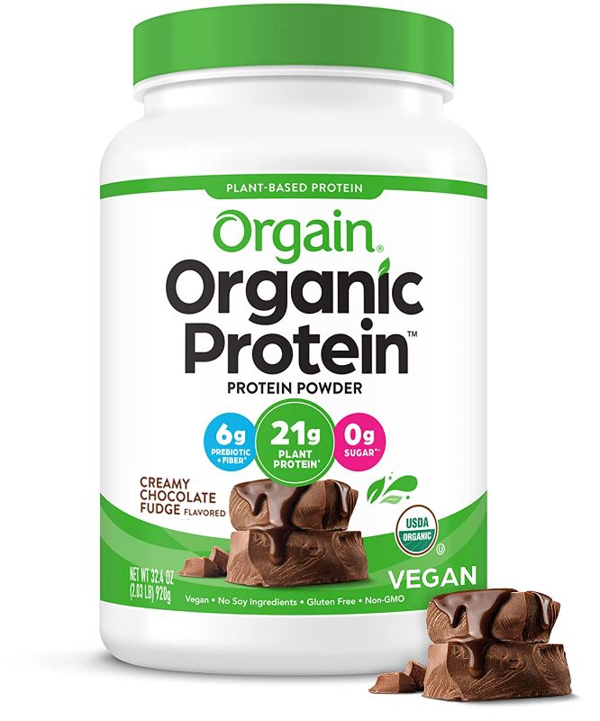 Photo 1 of Orgain Organic Plant Based Protein Powder,Creamy Chocolate Fudge -21g of Protein, Vegan, Low Net Carbs,Non Dairy,Gluten Free, No Sugar Added, Soy Free, Kosher,Non-GMO, 2.03 Lb (Packaging May Vary)
 EXP 07/17/22