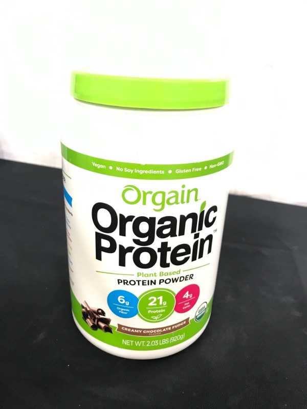 Photo 1 of Orgain Organic Plant Based Protein Powder,Creamy Chocolate Fudge -21g of Protein, Vegan, Low Net Carbs,Non Dairy,Gluten Free, No Sugar Added, Soy Free, Kosher,Non-GMO, 2.03 Lb (Packaging May Vary)
 EXP 07/17/22