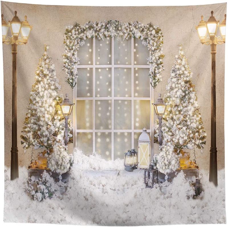 Photo 1 of Allenjoy 8x8ft White Winter Photography Backdrop for Pictures Holiday Christmas Tree Newborn Baby Shower Family Portrait Photos Xmas Birthday Party Decorations Supplies Background Decor Photoshoot
