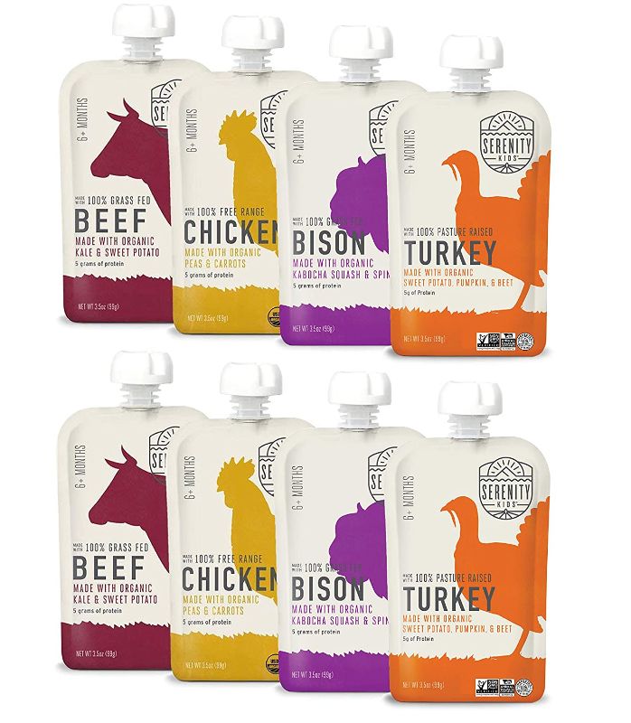 Photo 1 of Serenity Kids Baby Food, Ethically Sourced Meats Variety Pack with Free Range Chicken, Grass Fed Bison, Pasture Raised Turkey, and Grass Fed Beef, For 6+ Months, 3.5 Ounce Pouch (8 Pack)
 EXP 01/31/23