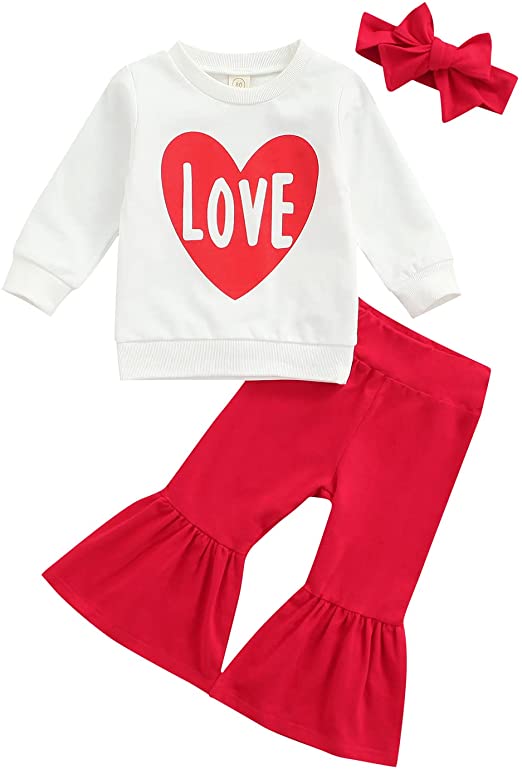 Photo 1 of Toddler Kids Baby Girls Valentines Day Outfits Red Love Heart Print Long Sleeve Shirts+Bell Bottom Pants Clothes Set
 SIZE 6-7