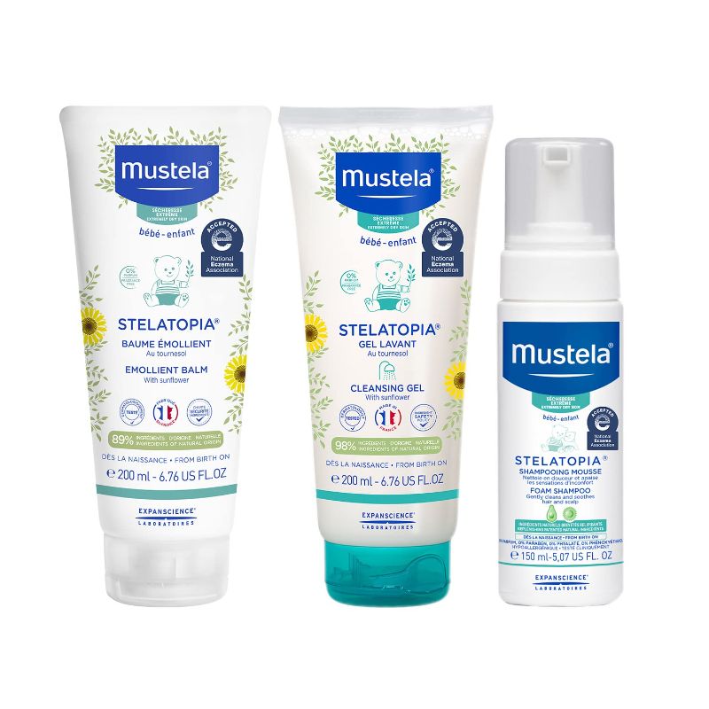 Photo 1 of Mustela Stelatopia Baby Eczema-Prone Skin Bath Time Gift Set - Baby Skin Care Essentials - with Natural Avocado & Sunflower Oil - 3 Items Set
 EXP 04/20/24